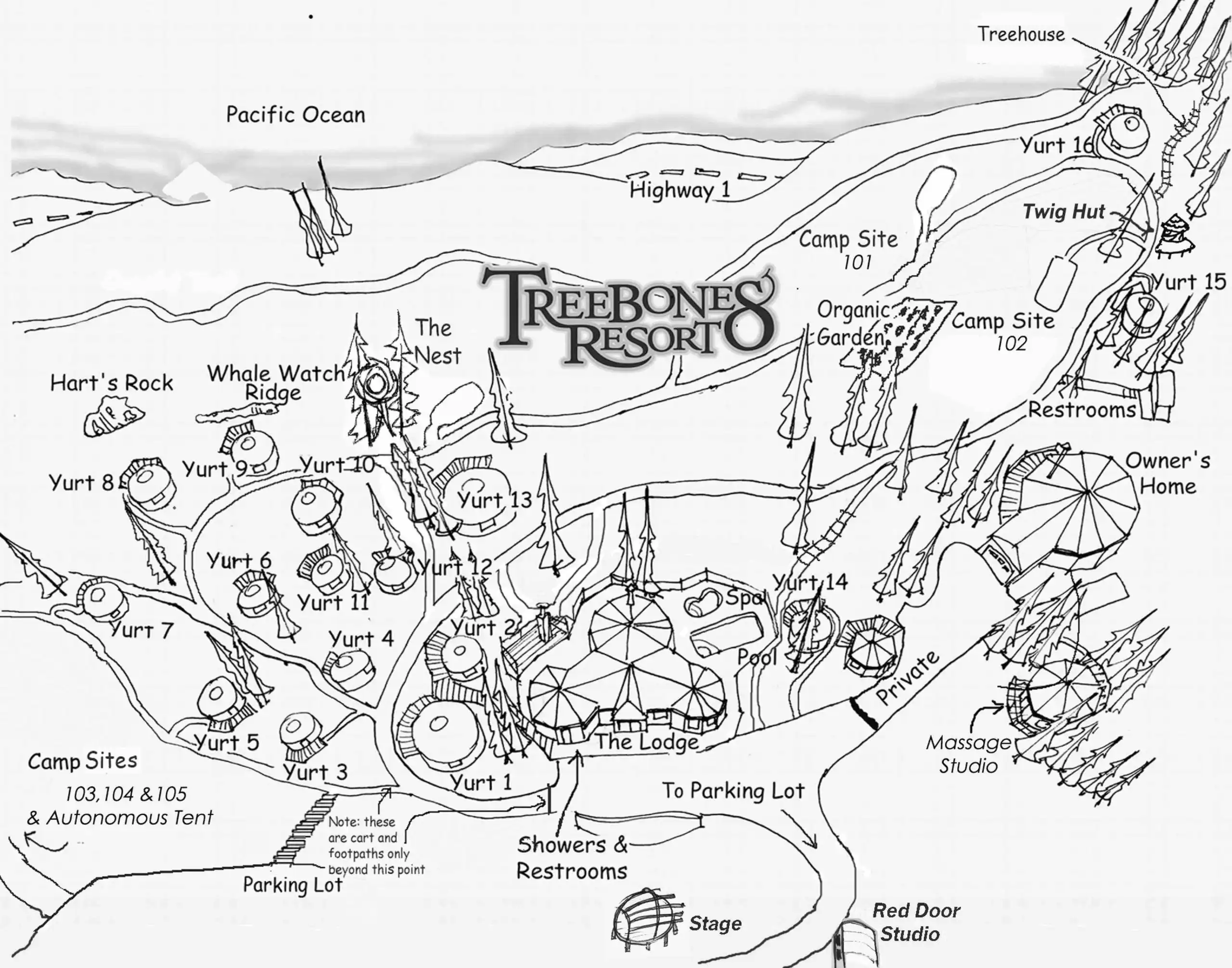 Hand-drawn property map showing the layout of Treebones Resort — yurts, autonomous tents, dining, and shared amenities along the Big Sur bluff.