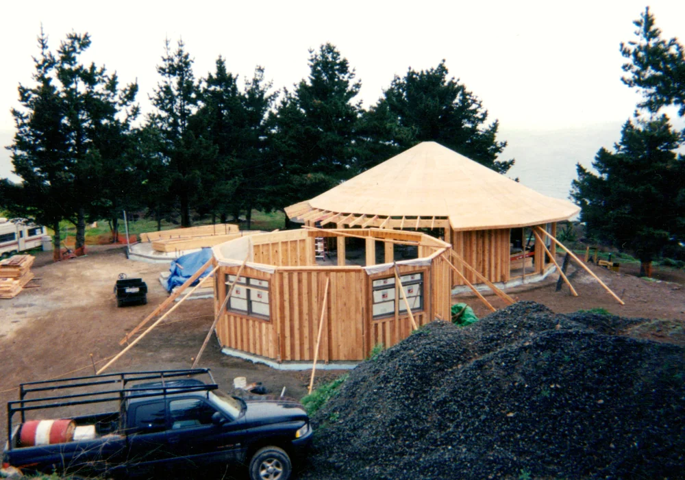 The main Lodge framing taking shape during Treebones construction, 2002-03